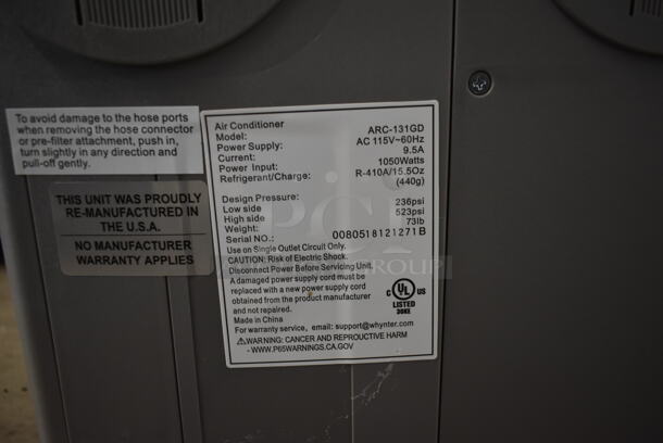 BRAND NEW SCRATCH AND DENT! Whynter ARC-131GD 13,000 BTU Dual Hose Cooling Portable Air Conditioner, Dehumidifier, and Fan with Activated Carbon Filter in Gray. 115 Volts, 1 Phase. Tested and Working!
 - Image 7 of 7