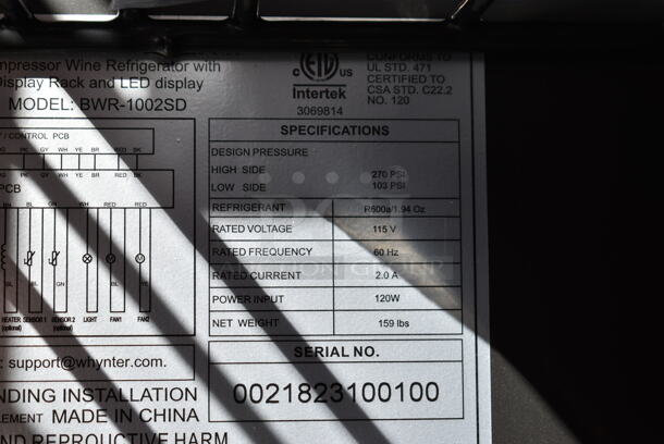 








BRAND NEW SCRATCH AND DENT! Whynter BWR-1002SD/BWR-1002SD 24″ 100 Bottle Large Capacity Built-in Stainless Steel Compressor Wine Refrigerator with Display Rack and LED display. 115 Volts, 1 Phase. Tested and Working!  - Image 5 of 5