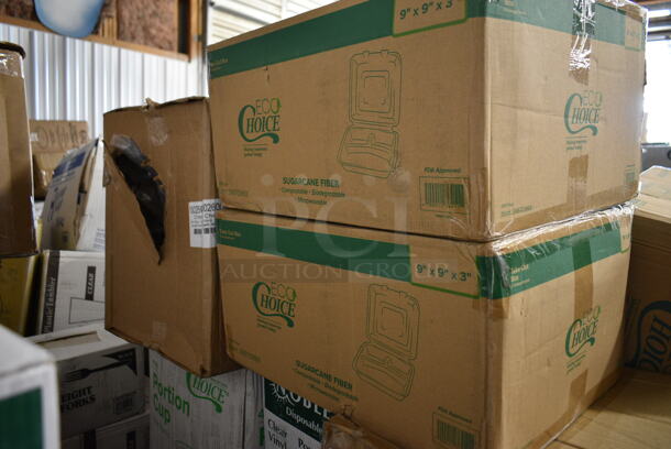 PALLET LOT of 35 BRAND NEW Boxes Including 2 Box 395TO991 EcoChoice 9" x 9" x 3" Compostable Sugarcane / Bagasse 1 Compartment Take-Out Box - 200/Case, 2 Box 395TO993 EcoChoice 9" x 9" x 3" Compostable Sugarcane / Bagasse 3 Compartment Takeout Container - 200/Case, Choice Portion Cup, 2 Box 394365L Noble Large Gloves, Choice 100260CH00260CH Take Out Containers, Dart 80HT1R 8" x 7 1/2" x 2" White Foam Square Take Out Container with Hinged Lid - 200/Case, 17622STPNLCL Choice 22 oz. Clear SAN Plastic Paneled Tumbler - 12/Pack, Choice 4 oz Portion Cups, 129MCR24B Choice 24 oz. Black Round Microwavable Heavy Weight Container with Lid 7 1/4" - 150/Case, 2454/97 Chardonnay Glasses, 129MCR32B Choice 32 oz. Black Round Microwavable Heavy Weight Container with Lid 7 1/4" - 150/Case, Visions Black Plastic Tray, Choice Cling Film, 395TO991 EcoChoice 9" x 9" x 3" Compostable Sugarcane / Bagasse 1 Compartment Take-Out Box - 200/Case, 2 Box 130BGKFSNSPH Visions Heavy Weight Beige Wrapped Plastic Cutlery Pack with Napkin and Salt and Pepper Packets - 500/Case, Ceiling Mount Heat Lamp. 35 Times Your Bid! - Image 2 of 12