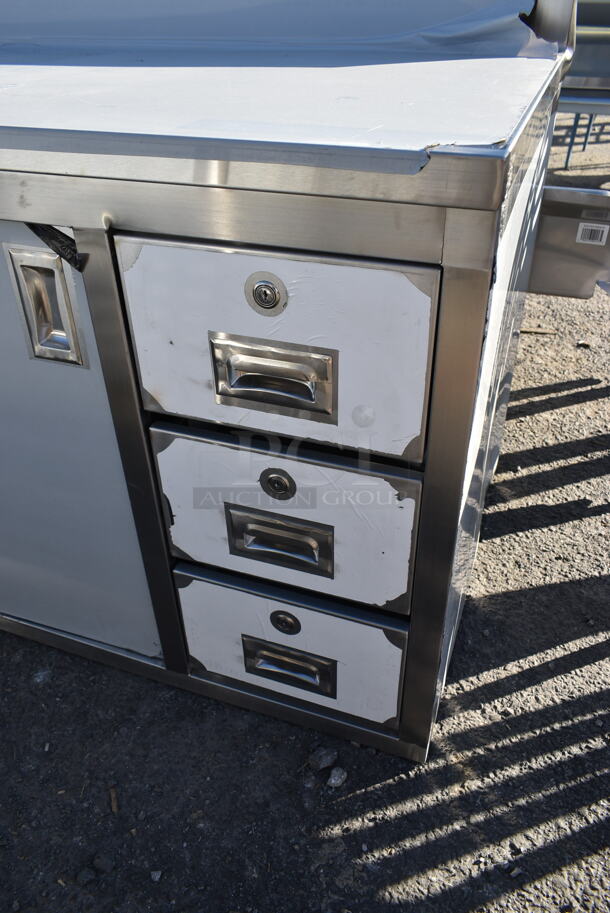 BRAND NEW SCRATCH AND DENT! Regency 600EBTB3072R 30" x 72" 16 Gauge Type 304 Stainless Steel Enclosed Base Sliding Door Table with Drawers and 6" Backsplash - Image 3 of 9