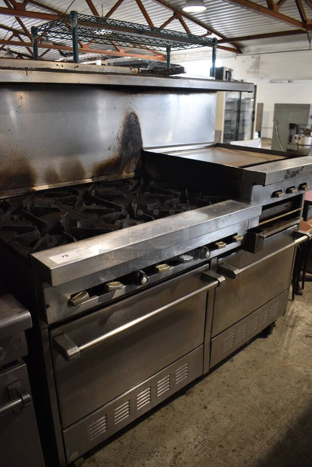 Garland SunFire Stainless Steel Commercial Natural Gas Powered 6 Burner Range w/ Flat Top Griddle, 2 Ovens, Over Shelf and Back Splash on Commercial Casters. 61x33x60 - Image 4 of 8