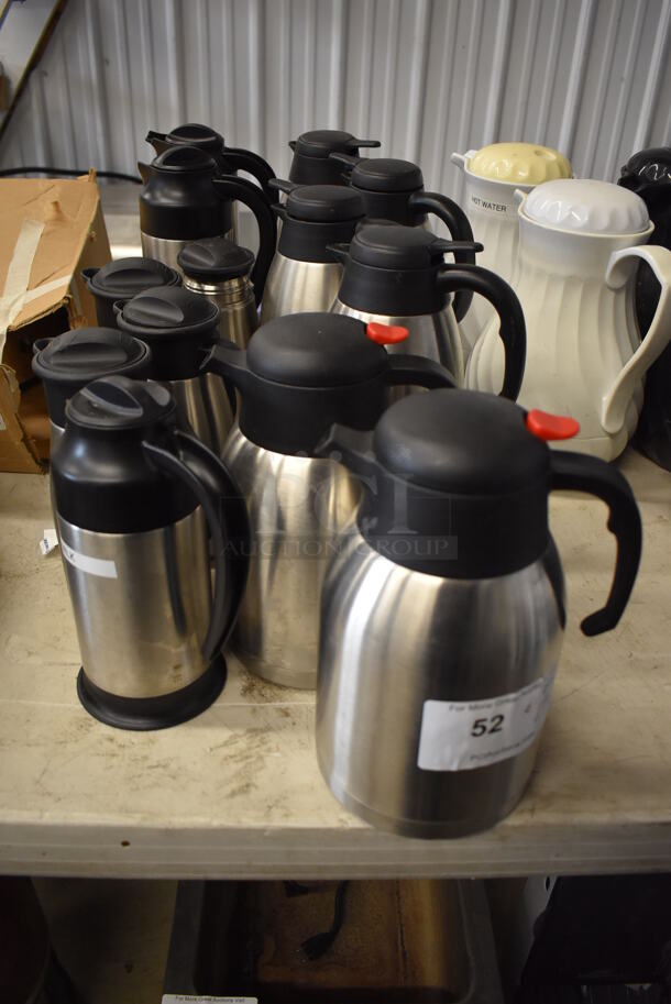 ALL ONE MONEY! Lot of 13 Various Chrome Finish Coffee Pots. Includes 5.5x5.5x10, 5x5x11, 4x4x11.5, 4x4x9