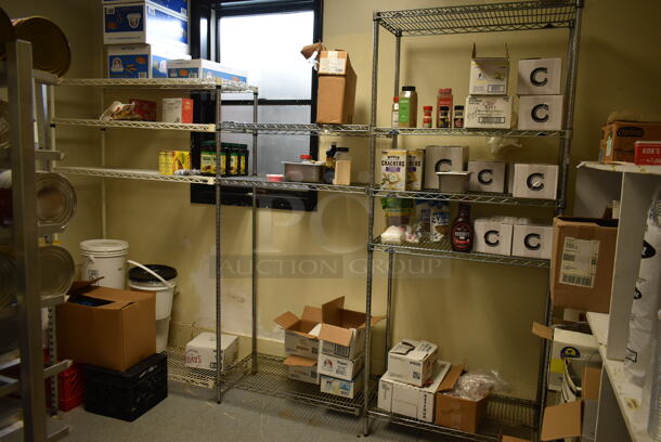Wire Shelving Units. Does Not Come w/ Contents. BUYER MUST REMOVE: BUYER MUST DISMANTLE. PCI CANNOT DISMANTLE FOR SHIPPING. PLEASE CONSIDER FREIGHT CHARGES. (dish room) - Image 1 of 12