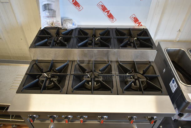 BRAND NEW SCRATCH AND DENT! Cooking Performance Group CPG 351S36SUL Stainless Steel Commercial Propane Gas Powered 2 Tier 6 Burner Range w/ Oven, Back Splash and Over Shelf. 210,000 BTU. Tested and Working! - Image 2 of 7