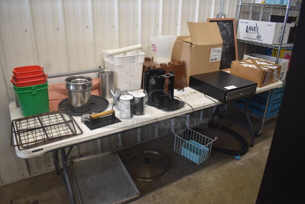 ALL ONE MONEY! Table and Floor Lot Including Chalkboard, Receipt Paper, Cash Drawer, Sanitizing Buckets, Hose, Lid, Sheet Pans and MORE! - Image 3 of 8