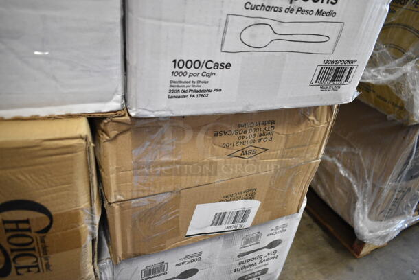 PALLET LOT of 40 BRAND NEW Boxes Including 66TALLFLDB 6" x 13" Dispenser Napkin, 394385L Disposable Latex Gloves for Foodservice, 129MCR38B Choice 38 oz. Black Round Microwavable Heavy Weight Container with Lid - 150/Case, 760IC08B Choice 8 oz. Blue Paper Frozen Yogurt / Food Cup - 1000/Case, 32130.0000 Air Pot, 2 Box 129MCS24B Choice 24 oz. Black Rectangular Microwavable Heavy Weight Container with Lid 8" x 5 1/4" x 2" - 150/Case, Choice 2 oz Portion Cup, 2 Box 3941083M Lavex Medium Gloves, 612LOB225LBC Choice 2.25 lb. Oblong Foil Take-Out Container with Board Lid - 250/Case, 4 Box 130SVSPN600 Visions 6 1/4" Flared Heavy Weight Silver Plastic Spoon - 600/Case, 130WSPOONWP White Spoon, Enjay White Embossed, 2 Box 129MCR38B Choice 38 oz. Black Round Microwavable Heavy Weight Container with Lid - 150/Case, 3 Box WTSB33 American Metalcraft WTSB33 31" Black Wood Folding Tray Stand with Black Straps, Enjay 10" White Embossed Plates, 500CC9 Choice 9 oz. Clear PET Customizable Plastic Squat Cold Cup - 1000/Case. 40 Times Your Bid! - Image 11 of 12