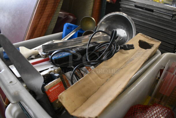 ALL ONE MONEY! Lot of Various Items Including Ladles, Lifters, Adapters and Wires in Poly Gray Bus Bin - Image 2 of 4