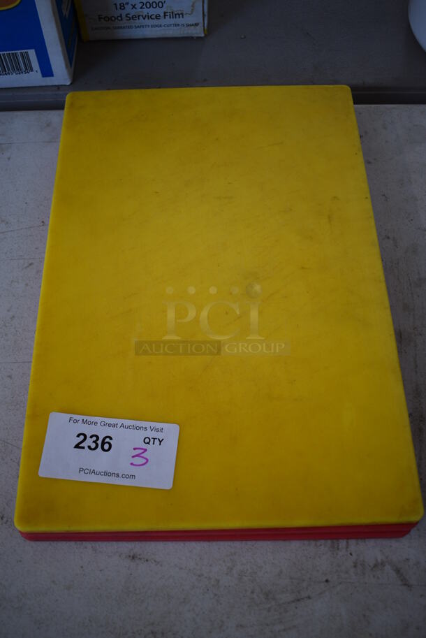 3 Cutting Boards; Yellow and 2 Red. 12x18x1. 3 Times Your Bid!