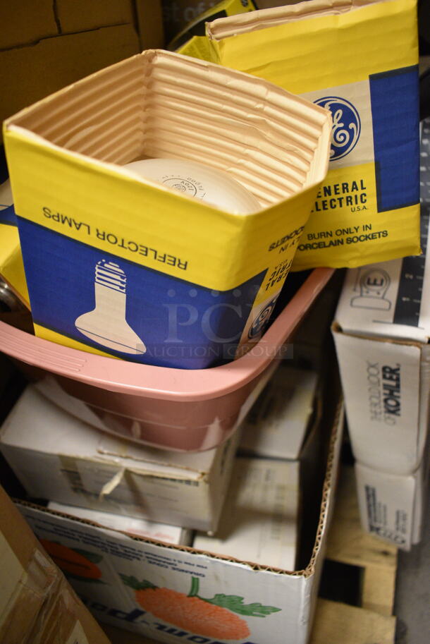 ALL ONE MONEY! Pallet Lot of Various Items Including Halogen-IR Floodlight, Reflector Light Bulbs, Micro Mini CFL, 40W Globe Light, Floor Sealer, Air Compressor, and Plastic Containers - Image 6 of 12