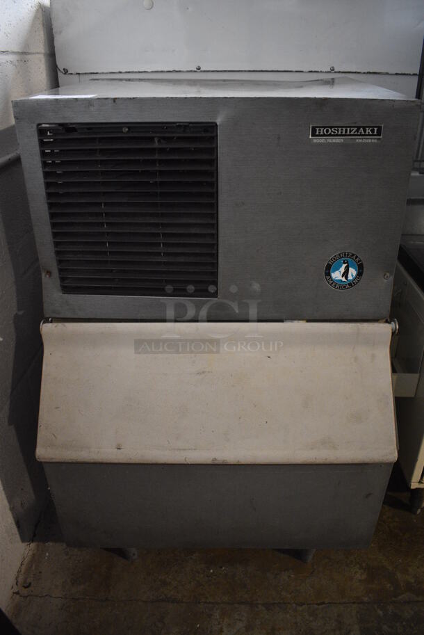 Hoshizaki Model KM-250BWE Metal Commercial Ice Machine Head on Commercial Ice Bin. 115-120 Volts, 1 Phase. 25.5x29x39