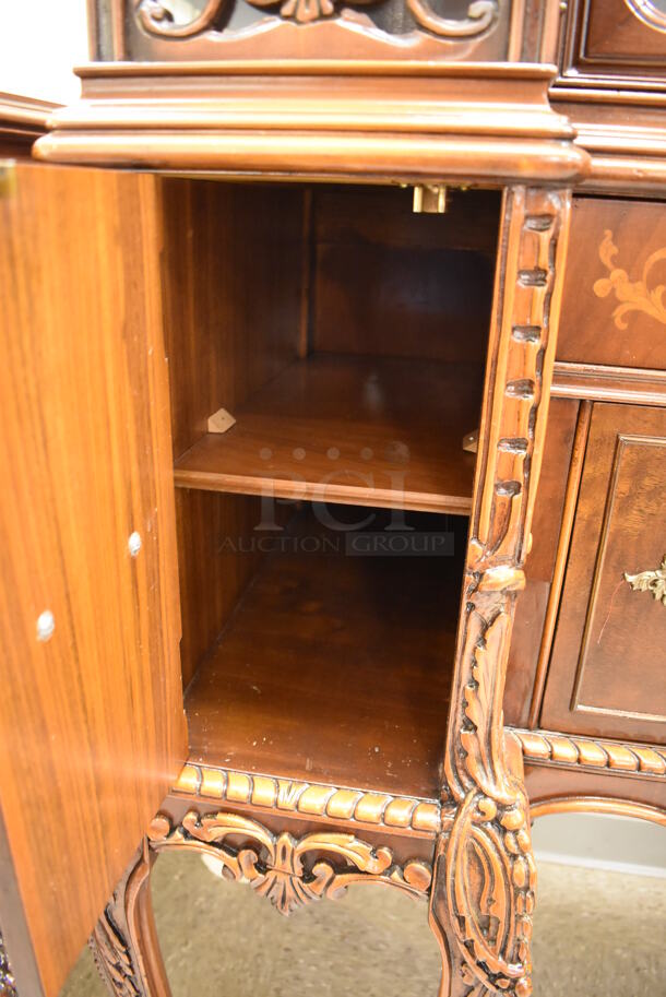 Ornate Hard Wood Victorian Style China Cabinet w/ 5 Drawers and 4 Cabinets. - Image 8 of 12