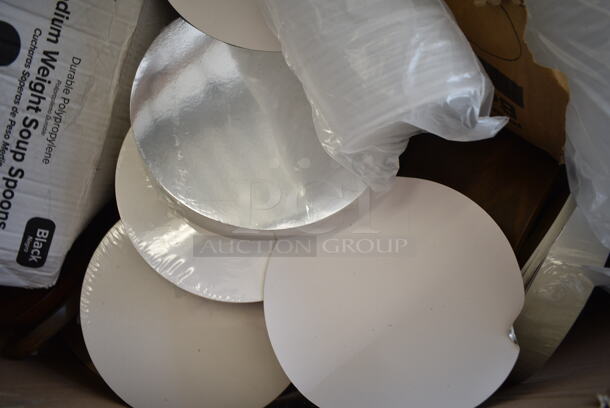 ALL ONE MONEY! PALLET LOT of Various BRAND NEW Boxes Including B24SB 24 oz. Black Square Plastic Bowl, 612509 Choice 9" Round Foil-Laminated Board Lid, 999RP10WHSS Visions Wave 10" White Plastic Plate, Wooden Back Rests for Chairs, 130BSSPOON Choice Medium Weight Black Plastic Soup Spoon - 1000/Case, Dart 205HT2 9" x 6" x 3" White Foam 2 Compartment Take Out Container with Perforated Hinged Lid - 200/Case.  - Image 11 of 12