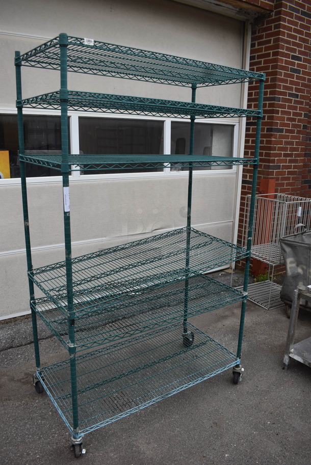 Wire Shelving Unit With 5 Polycoated Shelves In Green on Commercial Casters.  - Image 2 of 5