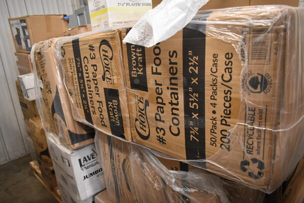PALLET LOT of 24 BRAND NEW Boxes Including Vava01S1 9.0 Black Paris, 130GDFRK400C Visions 7 1/4" Classic Heavy Weight Gold Plastic Fork - 400/Case, 2 Box 795PTOKFT8 Choice Kraft Microwavable Folded Paper #8 Take-Out Container 6" x 4 5/8" x 2 1/2" - 300/Case, 2 Box 122MCS28B CHoice 28 oz Containers, 245CB12PLN Choice 12" x 12" x 2" Kraft Customizable Corrugated Plain Pizza Box - 50/Case, 500LFLAT Choice Clear Flat Lid with Straw Slot - 9, 12, 16, 20, and 24 oz. - 1000/Case, 2 Box 612605070HD Choice Full Size Heavy-Duty Foil Steam Table Pan Deep 3 3/8" Depth - 50/Case, 2 Box 500CC32P Choice Clear PET Plastic Cold Cup - 32 oz. - 500/Case, 2 Box 5002TPJPR1K Lavex Premium 2-Ply Jumbo 1000' Toilet Paper Roll with 9" Diameter - 12/Case, 3 Box 433472 Tellus Plates. 24 Times Your Bid!  - Image 4 of 12