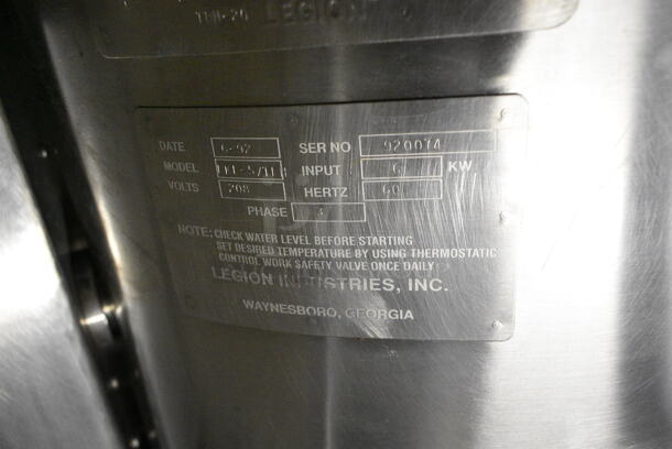 Legion EKF-5/TFH Stainless Steel Commercial Electric Powered 5 Gallon Steam Kettle. 208 Volts, 3 Phase. - Image 6 of 6