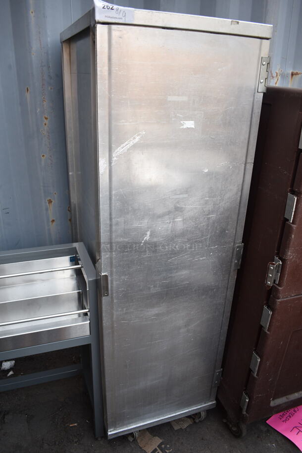 Metal Commercial Enclosed Pan Transport Rack on Commercial Casters w/ 33 Various Metal Baking/Muffin Pans.  - Image 1 of 4