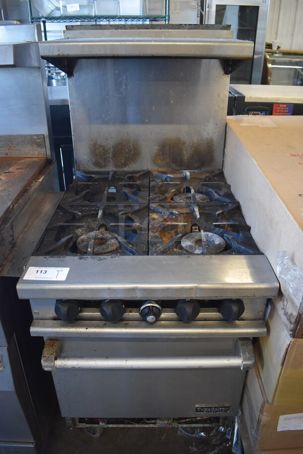 Thermatek Stainless Steel Commercial Natural Gas Powered 4 Burner Range w/ Oven, Over Shelf and Back Splash on Commercial Casters. 24x32x59