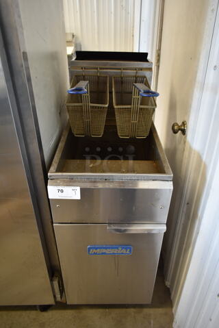 Imperial Stainless Steel Commercial Floor Style Gas Powered Deep Fat Fryer w/ 2 Metal Fry Baskets.