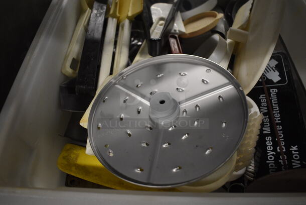 ALL ONE MONEY! Lot of Various Utensils and Food Processor Blade in White Poly Bin! 18x26x6 - Image 4 of 5