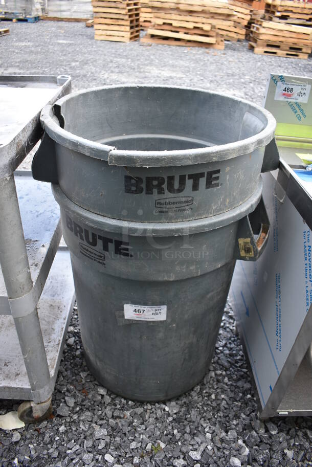 2 Rubbermaid Brute Gray Poly Trash Cans w/ 1 Trash Can Dolly. 26x22x27. 2 Times Your Bid!  - Image 1 of 5