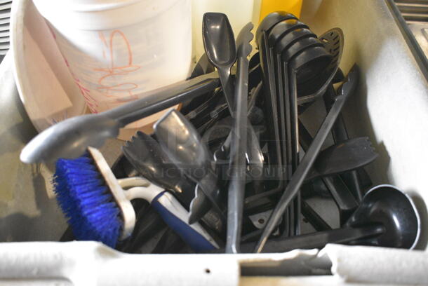 ALL ONE MONEY! Lot of Various Poly Condiment Bottles, Tongs and Containers in Bus Bib! 15x21x5 - Image 2 of 4
