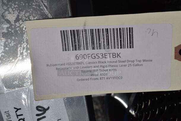 BRAND NEW SCRATCH AND DENT! Rubbermaid 690FGS3ETBK Classics Black Round Steel Drop Top Waste Receptacle with Levelers and Rigid Plastic Liner 25 Gallon - Image 4 of 4