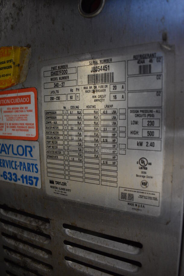 Taylor 340-27 Stainless Steel Commercial Countertop Single Flavor Frozen Beverage Machine w/ Drink Mixer Attachment. 208-230 Volts, 1 Phase. 18x32x31 - Image 6 of 6