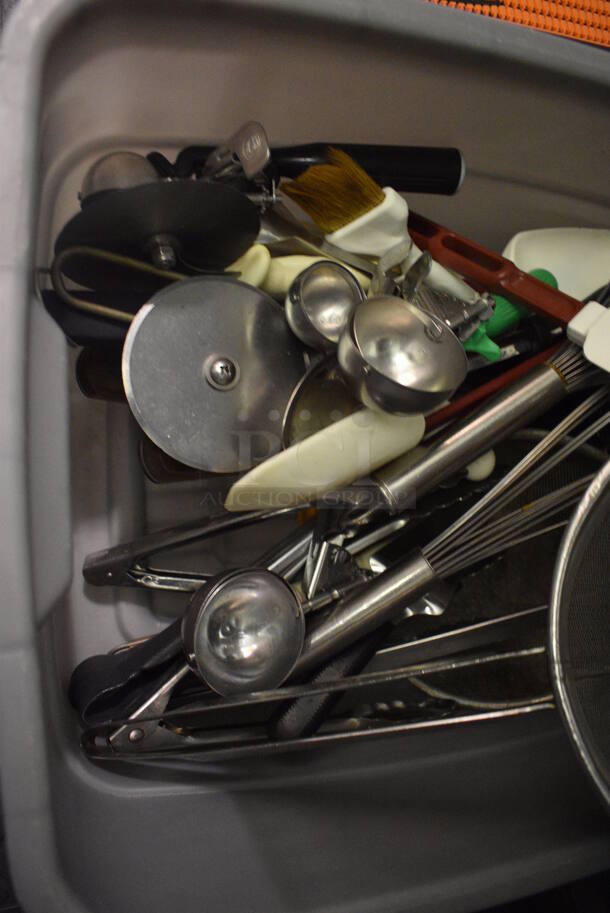 ALL ONE MONEY! Lot of Various Utensils Including China Cap Strainer, Whisks and Dishers in Gray Poly Bin. (kitchen) - Image 2 of 4