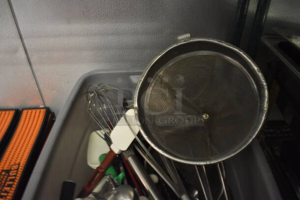 ALL ONE MONEY! Lot of Various Utensils Including China Cap Strainer, Whisks and Dishers in Gray Poly Bin. (kitchen) - Image 3 of 4