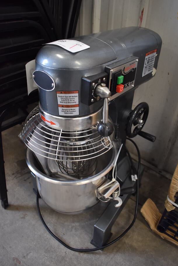 BRAND NEW SCRATCH AND DENT! Avantco MX10 Metal Commercial Countertop 10 Quart Planetary Dough Mixer w/ Stainless Steel Mixing Bowl, Bowl Guard, Dough Hook, Paddle and Whisk Attachments. 120 Volts, 1 Phase. 16x19x25. Tested and Working!