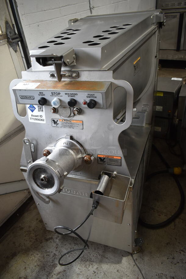 2016 Hobart MG2032 Metal Commercial Floor Style Electric Powered Meat Mixer Grinder w/ Foot Pedal on Commercial Casters. 208 Volts, 3 Phase. Tested and Working! - Image 1 of 8