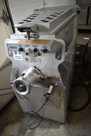 2016 Hobart MG2032 Metal Commercial Floor Style Electric Powered Meat Mixer Grinder w/ Foot Pedal on Commercial Casters. 208 Volts, 3 Phase. Tested and Working!