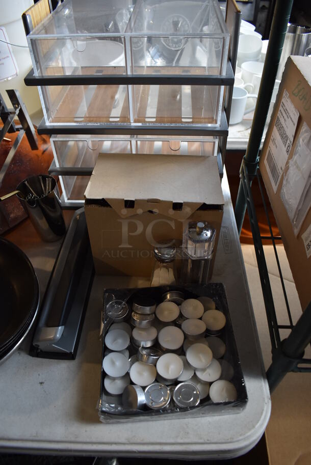 ALL ONE MONEY! Lot of Items on Tabletop Including Metal Bins, Metal Trays, White Poly Trash Can, Tealight Candles, Skillets, Glass Bottles and Glasses - Image 3 of 12