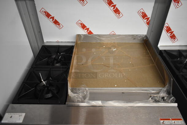 BRAND NEW SCRATCH AND DENT! KoolMore Stainless Steel Commercial Natural Gas Powered 2 Burner Range w/ Flat Top Griddle, Oven, Over Shelf and Back Splash.  - Image 4 of 11