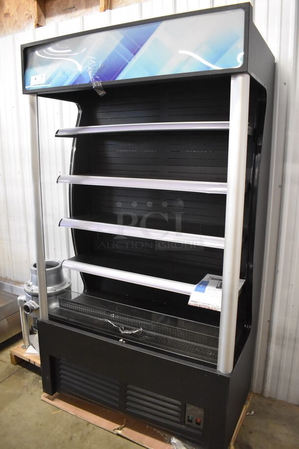 BRAND NEW SCRATCH AND DENT! Avantco BVAC-46HC Metal Commercial Floor Style Black Refrigerated Air Curtain Merchandiser. Missing Right Side Glass. 46x26x82. Tested and Working! - Image 1 of 6