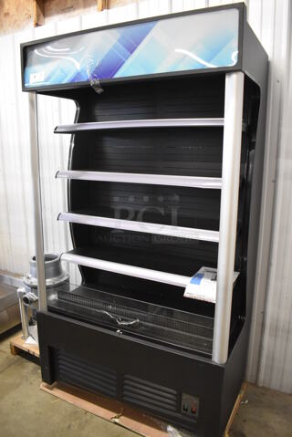 BRAND NEW SCRATCH AND DENT! Avantco BVAC-46HC Metal Commercial Floor Style Black Refrigerated Air Curtain Merchandiser. Missing Right Side Glass. 46x26x82. Tested and Working!