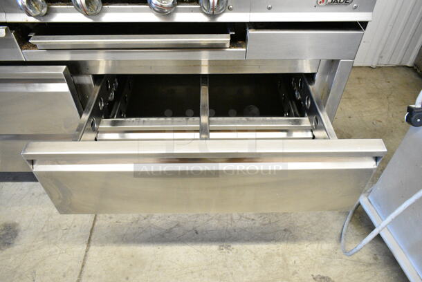 Jade Range Stainless Steel Commercial Gas Powered Flat Top Griddle w/ 2 Burner Range, Charbroiler Grill and 4 Drawer Chef Base on Commercial Casters. Cannot Test Chef Base - Appears To Have Been Hardwired - Image 8 of 12