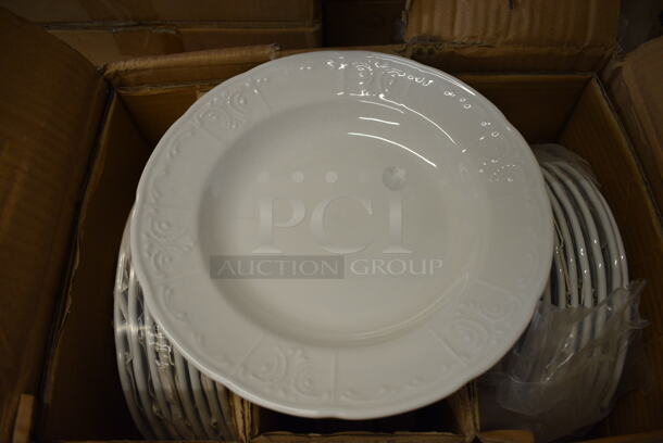24 BRAND NEW IN BOX! Tuxton CHD-091 White Ceramic Plates. 9.25x9.25x1. 24 Times Your Bid!