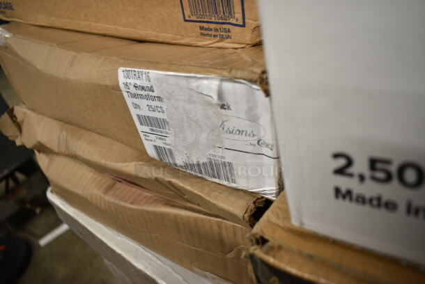 PALLET LOT of 30 BRAND NEW Boxes Including 2 Box 5001BNAP Choice White Beverage Cocktail Napkin 4000/case, 500MFTN Lavex Natural Brown Kraft M-Fold (Multifold) Towel - 4000/Case, 2 Bundle 245CB12 WHITE Choice 12" x 12" x 2" White Customizable Corrugated Plain Pizza Box - 50/Bundle, 795KFTL4PE Choice 4 oz. Round PET Take-Out Lid - 1000/Case, Choice Black 2 oz Portion Cups, 2 Box 612FS1116 Choice Full Size Foil Steam Table Pan Shallow 1 11/16" Depth - 50/Case, Choice Food Containers, 50012W Choice 12 oz. White Poly Paper Hot Cup - 1000/Case, Dart 60HT1 White Foam Hinged Lid Container 6" x 6" x 3" - 500/Case, CH24DEF 24 oz. Tamper-Resistant, Tamper-Evident Hinged Container, 831741 Cinnamon Buns Clam clear pet hinged containers. 30 Times Your Bid! - Image 3 of 12
