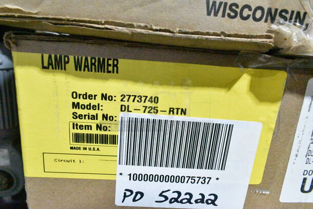 3 BRAND NEW IN BOX! Items; Hatco DL-775-CL Heat Lamp, Cord Mount to Canopy, Hatco DL-725-RTN 69 1/2" Ceiling Mount Heat Lamp w/ Retractable Cord, Hatco DLH-750-RR Warmer Lamp - Retractable Mount, Shade F Style, 11"Diam.x8-1/2"H, Antique Copper. 120 Volts, 1 Phase. 3 Times Your Bid!  - Image 4 of 5