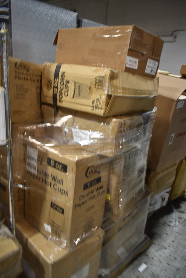 PALLET LOT of 14 BRAND NEW Boxes Including Choice 9 oz Plastic Cold Cups, Two 500TW7 Choice 7 oz. Translucent Thin Wall Plastic Cold Cup - 2500/Case, 760V32 Carnival King 32 oz. Popcorn Cup - 500/Case, 5008DWALLW Choice 8 oz. Tall White Smooth Double Wall Paper Hot Cup - 500/Case, Medium Shopping Bags, 176CGR13PGS Choice 13