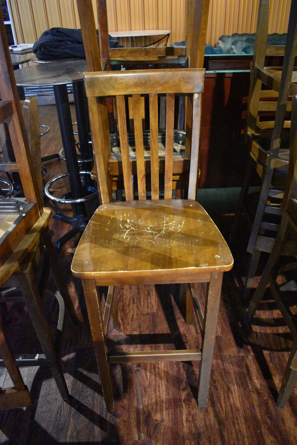 4 Wooden Bar Height Chairs w/ Vertical Back Rest Bars. 17x16x47. 4 Times Your Bid! (lounge)