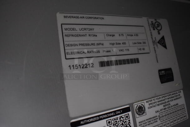 Beverage Air UCR72AY Stainless Steel Commercial 3 Door Undercounter Cooler on Commercial Casters w/ 2 Tier Over Shelf. 115 Volts, 1 Phase. 72x30x54. Tested and Working! - Image 7 of 8
