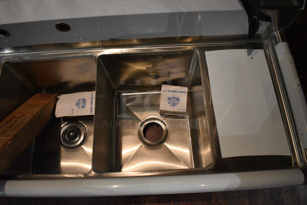 BRAND NEW SCRATCH AND DENT! Advance Tabco FE-3-1416-12RL Stainless Steel Commercial 3 Bay Sink w/ Dual Drain Boards. Comes w/ Drains and Legs! 66x22x24. Legs 24". Bays 14x16x12. Drain Boards 10x17x2 - Image 3 of 7