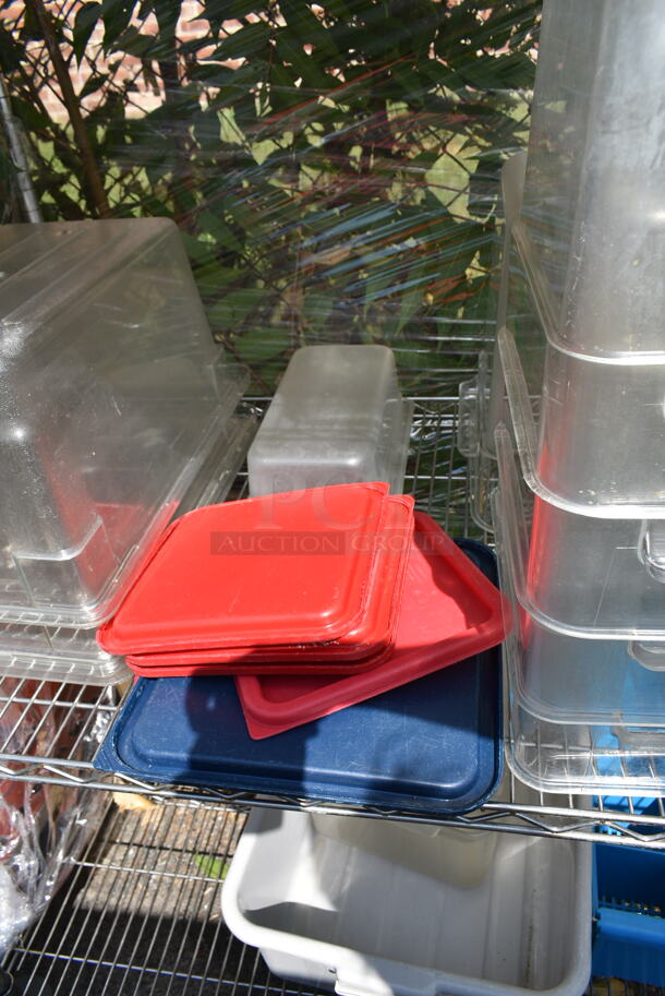 Chrome Finish 4 Tier Wire Shelving Unit w/ Contents Including Poly Bins, Poly Lids, Bus Bin. BUYER MUST DISMANTLE. PCI CANNOT DISMANTLE FOR SHIPPING. PLEASE CONSIDER FREIGHT CHARGES. - Image 8 of 12