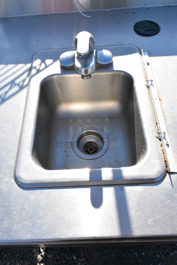 Duke Stainless Steel Commercial Countertop w/ Sink Bay, Faucet, Handle, Back Splash and 2 Wood Pattern Doors.  - Image 2 of 5