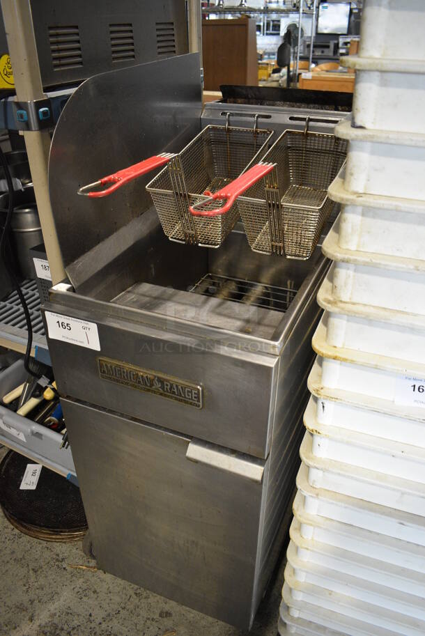 American Range Model AR-35 Stainless Steel Commercial Floor Style Natural Gas Powered Deep Fat Fryer w/ 2 Metal Fry Baskets and Side Splash Guard on Commercial Casters. 40,000 BTU. 15.5x30x49 - Image 2 of 6