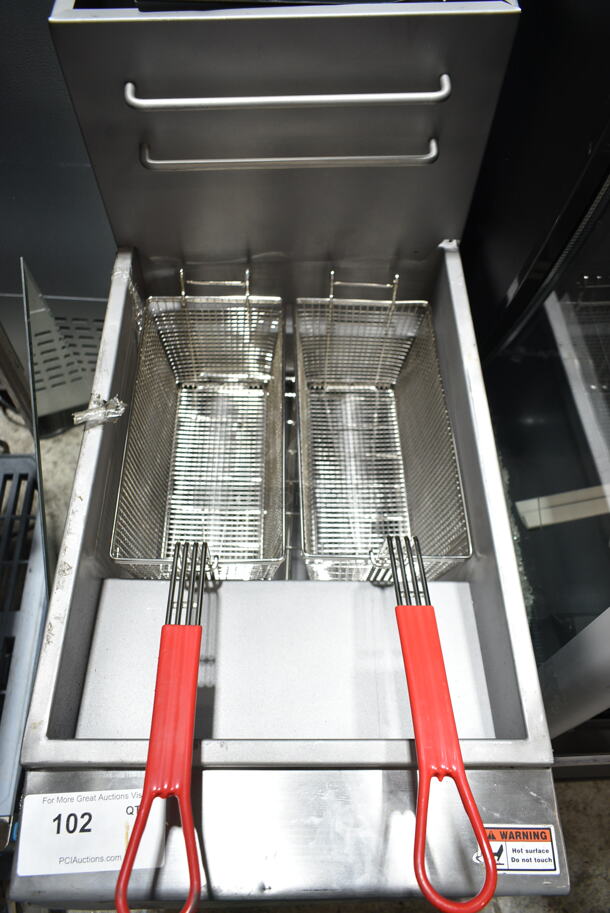 BRAND NEW SCRATCH AND DENT! Wilprep WP-F3-NG Stainless Steel Commercial Floor Style Natural Gas Powered Deep Fat Fryer w/ 2 Metal Fry Baskets. 90,000 BTU.  - Image 3 of 9