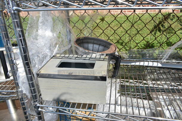Chrome Finish 5 Tier Wire Shelving Unit w/ Contents Including Muffin Baking Pans, Poly Bins. BUYER MUST DISMANTLE. PCI CANNOT DISMANTLE FOR SHIPPING. PLEASE CONSIDER FREIGHT CHARGES.   - Image 9 of 12
