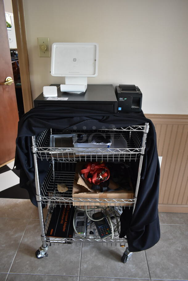 ALL ONE MONEY! Lot of 4 Tier Wire Shelving Unit w/ Square POS Monitor Stand, Receipt Printer and Metal Cash Drawer. (front hallway) - Image 7 of 8